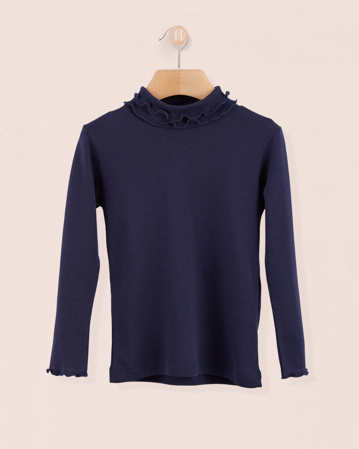Ruffle Turtleneck Italian Brushed Cotton Navy